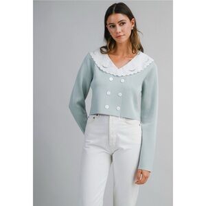 1141 • Seafoam Knit Double Breast Cardigan Top w/White Scallop Cotton Collar
